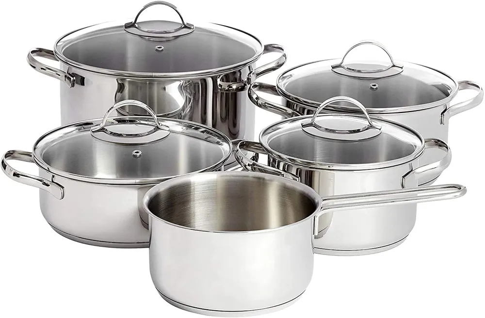 Amazon Basics Juego de Ollas de Inducción de Acero Inoxidable - 9 Piezas, con Tapas, Plateado