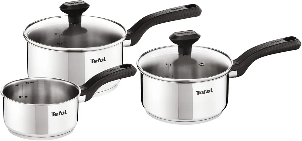 Tefal Comfort Max - Juego de 3 Cazos + 2 Tapas, Acero Inoxidable