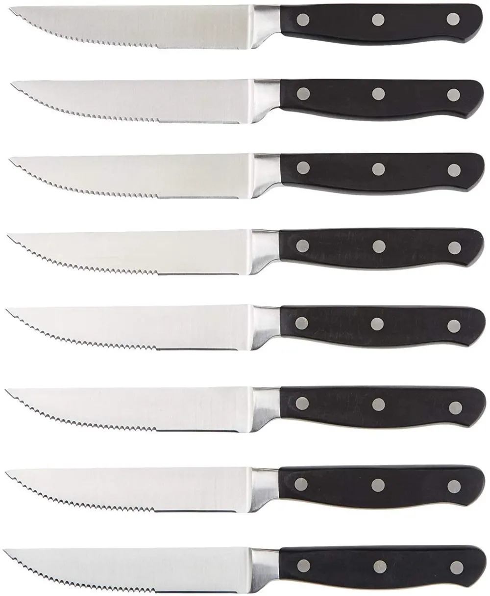 Amazon Basics Juego de cuchillos de carne, 8 Unidad, Negro/Acero inoxidable cepillado