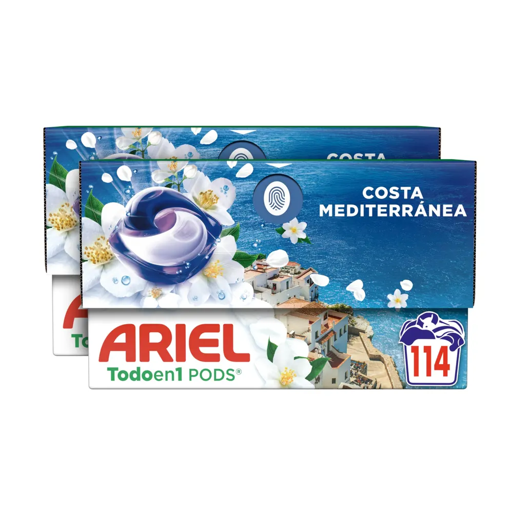 Ariel Todo en 1 PODS Brisa Marina Y Jazmín, Detergente Líquido Para Lavadora en Cápsulas, 114 Lavados, Edición Limitada Costa Mediterránea