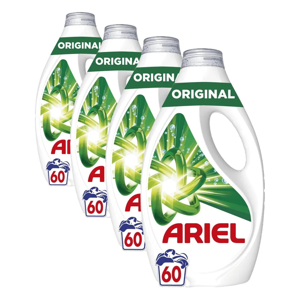 Ariel Detergente Lavadora Liquido 60 Lavados, Original, Jabon Limpieza Mejorada en Ciclos Mas Frios con la Exclusiva Tecnologia de limpieza en Frio (Paquete de 4)