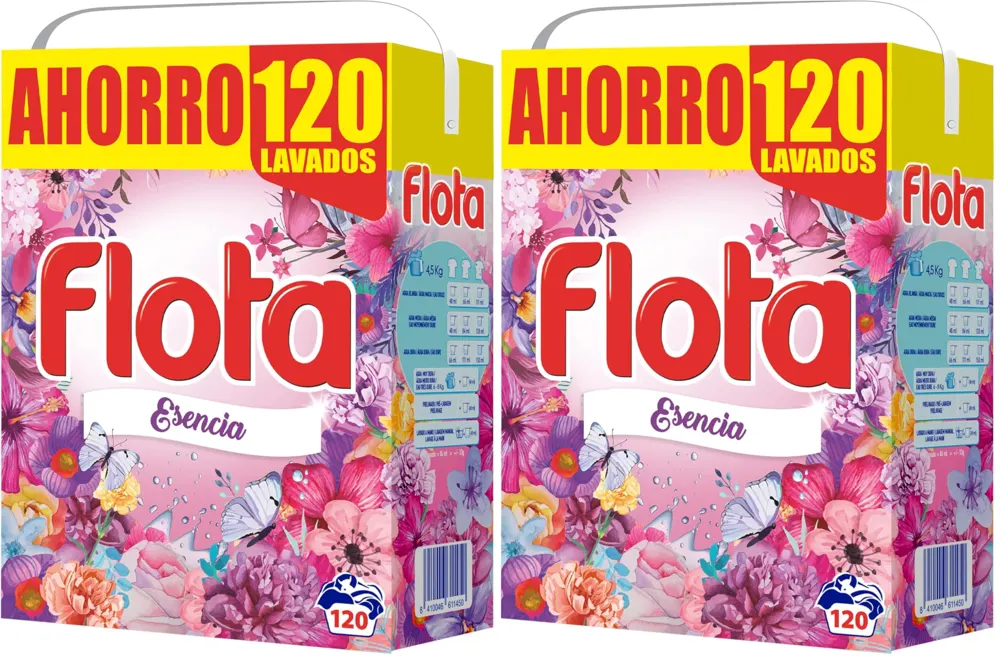 FLOTA | Esencia | Detergente Lavadora en Polvo | Ropa Blanca y de Color | Antimanchas y Antiolores | 120 Lavados (Paquete de 2)