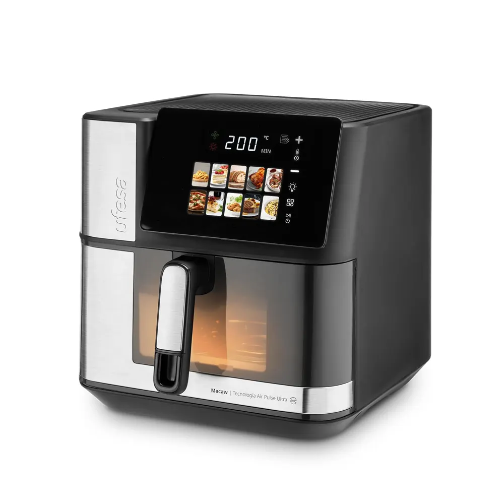 Ufesa Freidora de Aire Macaw 8.8L 2200W, Doble Resistencia, Cocción Rápida y Crujiente, Air Pulse Ultra 360º, Pantalla Táctil Digital con 10 Programas, Ventana con Luz, Incluye Bandeja Antiadherente