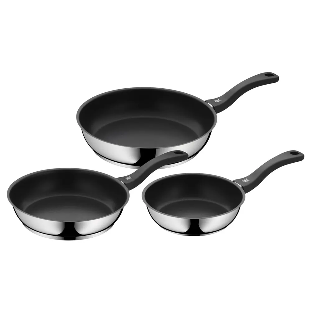 WMF Devil - Juego de 3 Sartenes Antiadherentes 20-24-28 cm, Sartén de Acero Inoxidable y Revestimiento Antiadherente para Todo Tipo de Cocinas Incluido Inducción, Color Negro